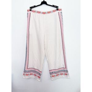 Anthropologie Embroidered Cream Linen Wide Leg Pants Size 12